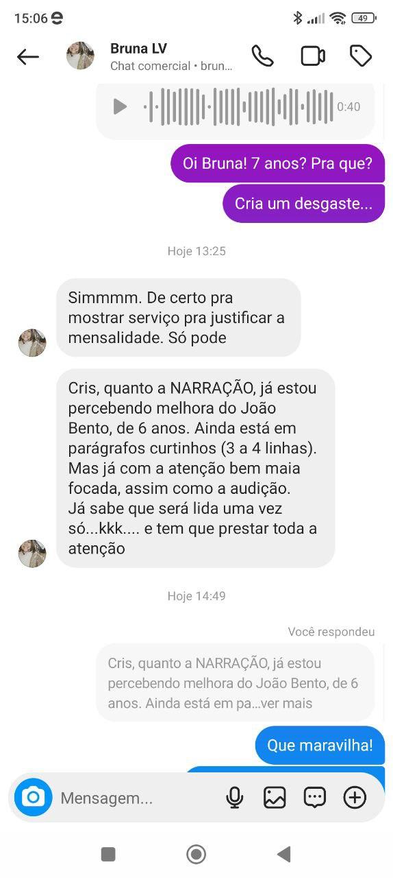 Print do depoimento de Bruna LV sobre narração no Instagram