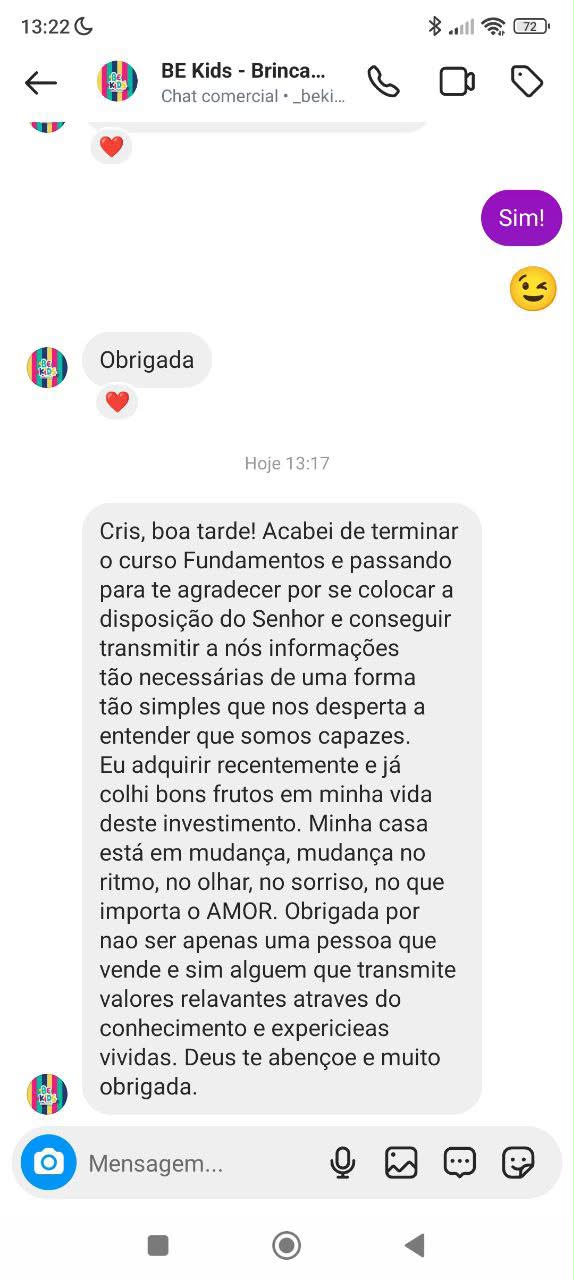Print do depoimento de BE Kids no Instagram
