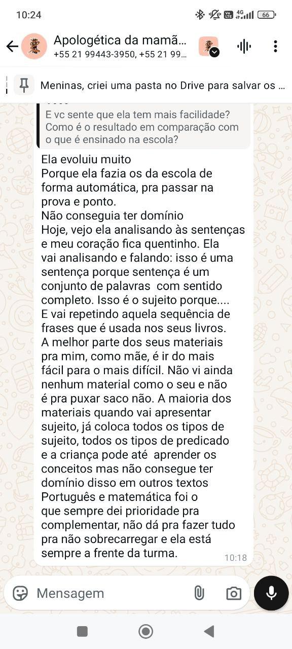 Print de depoimento no WhatsApp sobre evolução com os livros