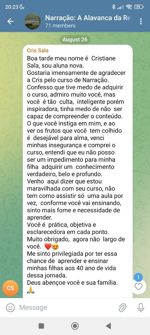 Print do depoimento de Cristiane Sala no Telegram
